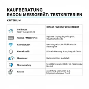 Infografik mit den wichtigsten Kriterien für einen radon messgerät haus test und die Auswahl des Geräts.