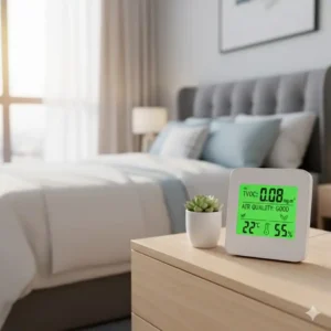 Kompaktes voc messgerät auf dem Nachttisch für eine gesunde Raumluft im Schlafzimmer der wohnung.