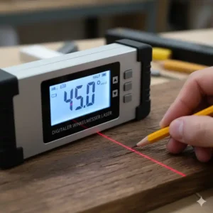 Nahaufnahme des LCD-Displays eines digitaler Winkelmesser Laser, der einen 45-Grad-Winkel anzeigt.