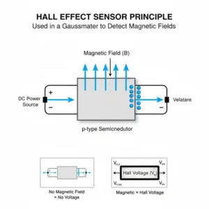 Schematische Darstellung des Hall-Sensor-Prinzips, das ein Gaussmeter Magnetfeld Stärke messen lässt.