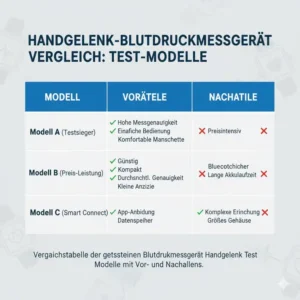 Vergleichstabelle der getesteten Blutdruckmessgerät Handgelenk Test Modelle mit Vor- und Nachteilen.