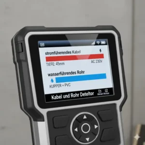 Nahaufnahme des Displays vom kabel und rohr detektor mit Tiefenanzeige.