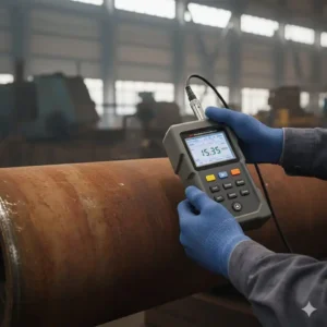 Anwendung des materialstärke messgerät zur Dickenmessung an einem Stahlrohr.