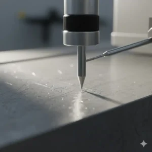 Nahaufnahme des Messfühlers (Stylus). Ein wichtiges Detail, wenn Sie ein rauheitsmessgerät kaufen und auf exakte Erfassung der Rautiefe achten.