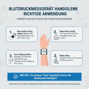 Korrekte Anlegetechnik und Positionierung des Handgelenk-Blutdruckmessgeräts für genaue Blutdruckmessgerät Handgelenk Test-Ergebnisse.
