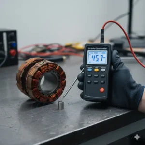 Anwendung eines Hand-Gaussmeter Magnetfeld Messgeräts zur Überprüfung eines Elektromotors.
