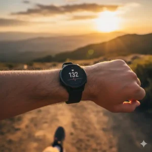 Herzfrequenz Messgerät tragbar als Smartwatch am Handgelenk, optische Messung während einer Wanderung.