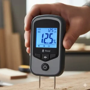 Das Display zeigt die Messung des holzfeuchtemessgerät digital mit einem Wert von 12.5%.