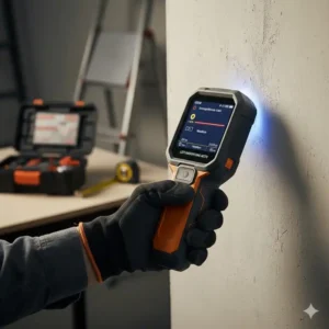 Handwerker benutzt den Leitungsfinder Metall Detektor um Leitungen zu finden.