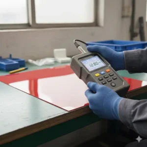 Das materialstärke messgerät auf einer Kunststoffplatte für die Dickenprüfung.