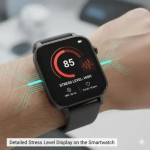 Detaillierte Stresslevel-Anzeige auf dem Display der stress messgerät smartwatch.