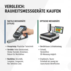 Vergleich verschiedener Rauheitsmessgeräte-Typen. Informieren Sie sich vor dem rauheitsmessgerät kaufen über die Unterschiede zwischen optischen und taktilen Modellen.