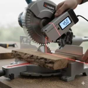 Handwerker verwendet den digitaler Winkelmesser Laser zur Einstellung der Sägeblattneigung vor dem Holzzuschnitt.
