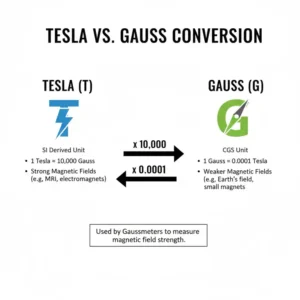 Konvertierungstabelle zur Umrechnung von Tesla in Gauss für die Gaussmeter Magnetfeld Messwerte.