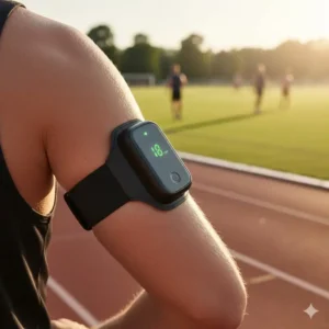 Herzfrequenz Messgerät tragbar als Armband am Oberarm, ideal für Sport und Fitness-Tracking.