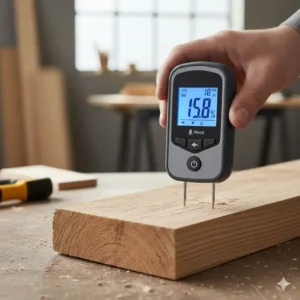 Ein holzfeuchtemessgerät digital wird an Nadelholz angebracht, um die Trockenheit zu prüfen.