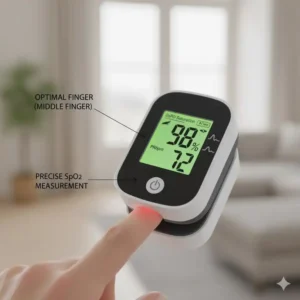 Eine Hand, die ein Sauerstoffmessgerät am Mittelfinger platziert, um eine präzise Messung der SpO2 zu gewährleisten.