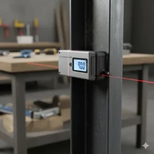 Der digitaler Winkelmesser Laser haftet magnetisch an einer Metalloberfläche für freihändige Winkelmessungen.
