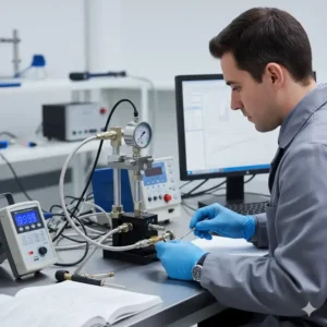 Techniker kalibriert ein hochpräzises Druckmessgerät Industrie auf einem professionellen Prüfstand.