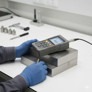 Kalibrierung des materialstärke messgerät auf einem bekannten Referenzblock.