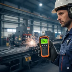 Mitarbeiter führt eine Messung mit dem schallpegelmessgerät industrie in einer lauten Werkshalle durch