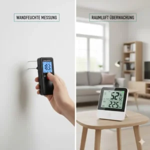 Ein Hygrometer ergänzt das schimmel messgerät wohnung zur Überwachung des Raumklimas.