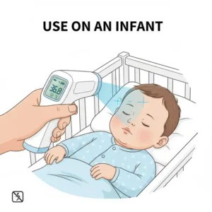 Ruhige Temperaturmessung eines Babys mit einem digital Stirnthermometer während des Schlafens.