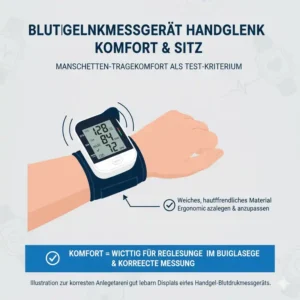 Detailaufnahme der Manschette eines Blutdruckmessgerät Handgelenk Test-Geräts zur Bewertung des Tragekomforts.