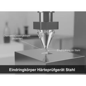 Detail des Diamond-Eindringkörpers eines Härteprüfgerät Stahl für höchste Stahlhärten.