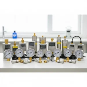 Auswahl verschiedener Drucktransmitter und Anzeigen, die das Spektrum eines Druckmessgerät Industrie zeigen.