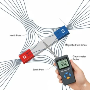 Visuelle Darstellung der Gaussmeter Magnetfeld Linien um einen Stabmagneten zur Veranschaulichung der Feldrichtung.
