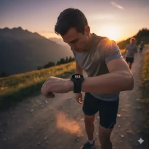 Herzfrequenz Messgerät tragbar am Handgelenk eines Läufers, der seine Trainingswerte überprüft.