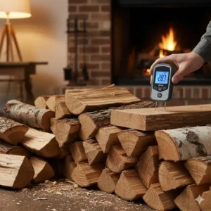 Kontrolle von Brennholz mit einem holzfeuchtemessgerät digital vor dem Verbrennen im Kamin.