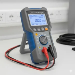 Funktionsauswahl und Einstellung der Prüfspannung an einem Isolationstester Messgerät (z.B. 500V, 1000V).