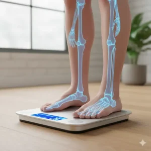 Füße stehen auf der Körperanalyse Waage BMI für die Knochenmasse.