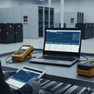 Datenanalyse und Protokollierung der Testergebnisse mit der Batterietester Industrie Software am Laptop.