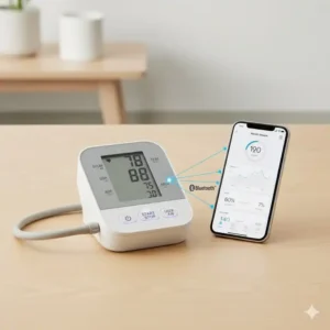 Smartes Bluetooth Blutdruckmessgerät Oberarm mit App-Symbol.