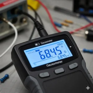 Nahaufnahme des digitalen Displays eines Gaussmeter Magnetfeld Messgeräts mit klaren Zahlenwerten.