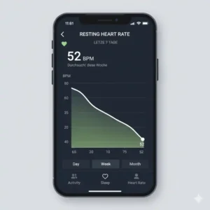 Herzfrequenz Messgerät tragbar und seine App-Anzeige des Ruhepulses zur Gesundheitsüberwachung.