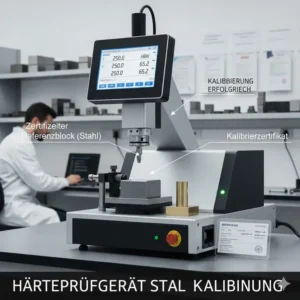 Kalibrierung des Härteprüfgerät Stahl mithilfe eines zertifizierten Referenzblocks.