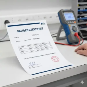 Kalibrierzertifikat und Genauigkeitsprüfung für das Isolationstester Messgerät zur Einhaltung der Normen.