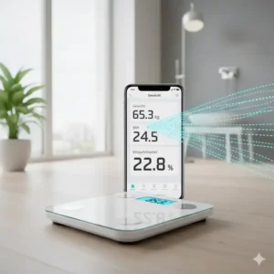 App synchronisiert Daten der Körperanalyse Waage BMI auf Smartphone.
