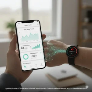 ynchronisation von Stressdaten der stress messgerät smartwatch mit der mobilen App.