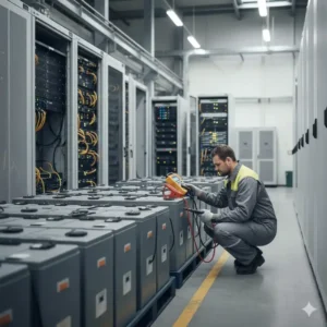 Einsatz des Batterietester Industrie Geräts zur Überprüfung von Telekommunikationsbatterien.
