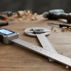 Detailansicht des einstellbaren Messarms eines digitaler Winkelmesser Laser mit präziser Skala.
