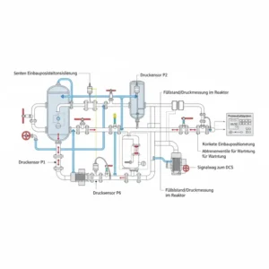 Schematische Darstellung der korrekten Installation und Nutzung eines Druckmessgerät Industrie in komplexen Anlagen.