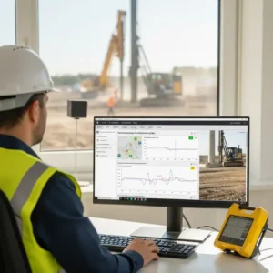 System zur Fernüberwachung mittels vibrationsmessgerät bau auf einer Großbaustelle.