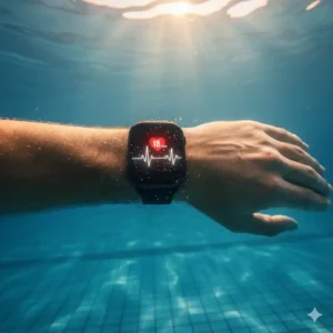 Herzfrequenz Messgerät tragbar und wasserdicht am Handgelenk eines Schwimmers unter Wasser.