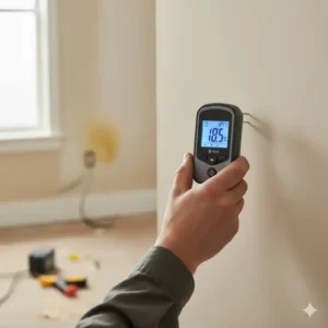 Messung der Wandfeuchtigkeit mithilfe des holzfeuchtemessgerät digital (indirekte Anwendung).