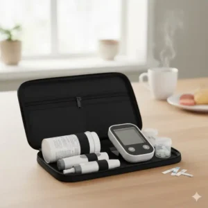 Komplettes Blutzuckermessgerät zuhause Set: Messgerät, Teststreifen und Zubehör im Etui.